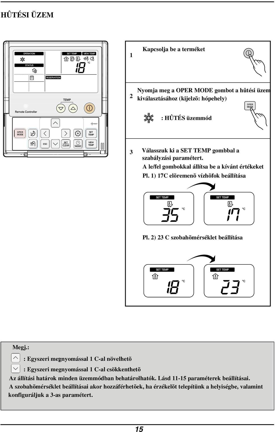 2) 23 C szobahõmérséklet beállítása Megj.