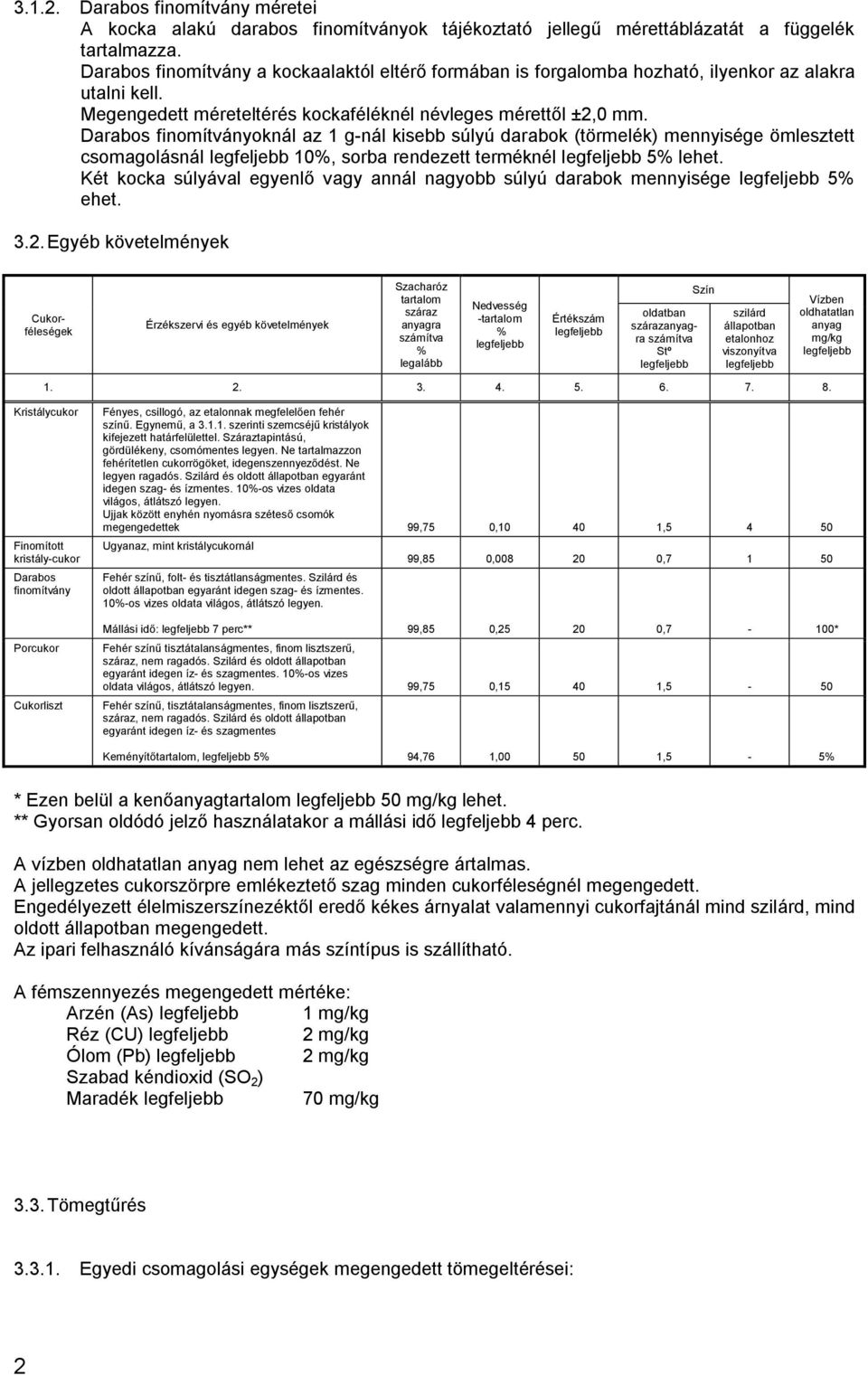 Darabos finomítványoknál az 1 g-nál kisebb súlyú darabok (törmelék) mennyisége ömlesztett csomagolásnál 10%, sorba rendezett terméknél 5% lehet.