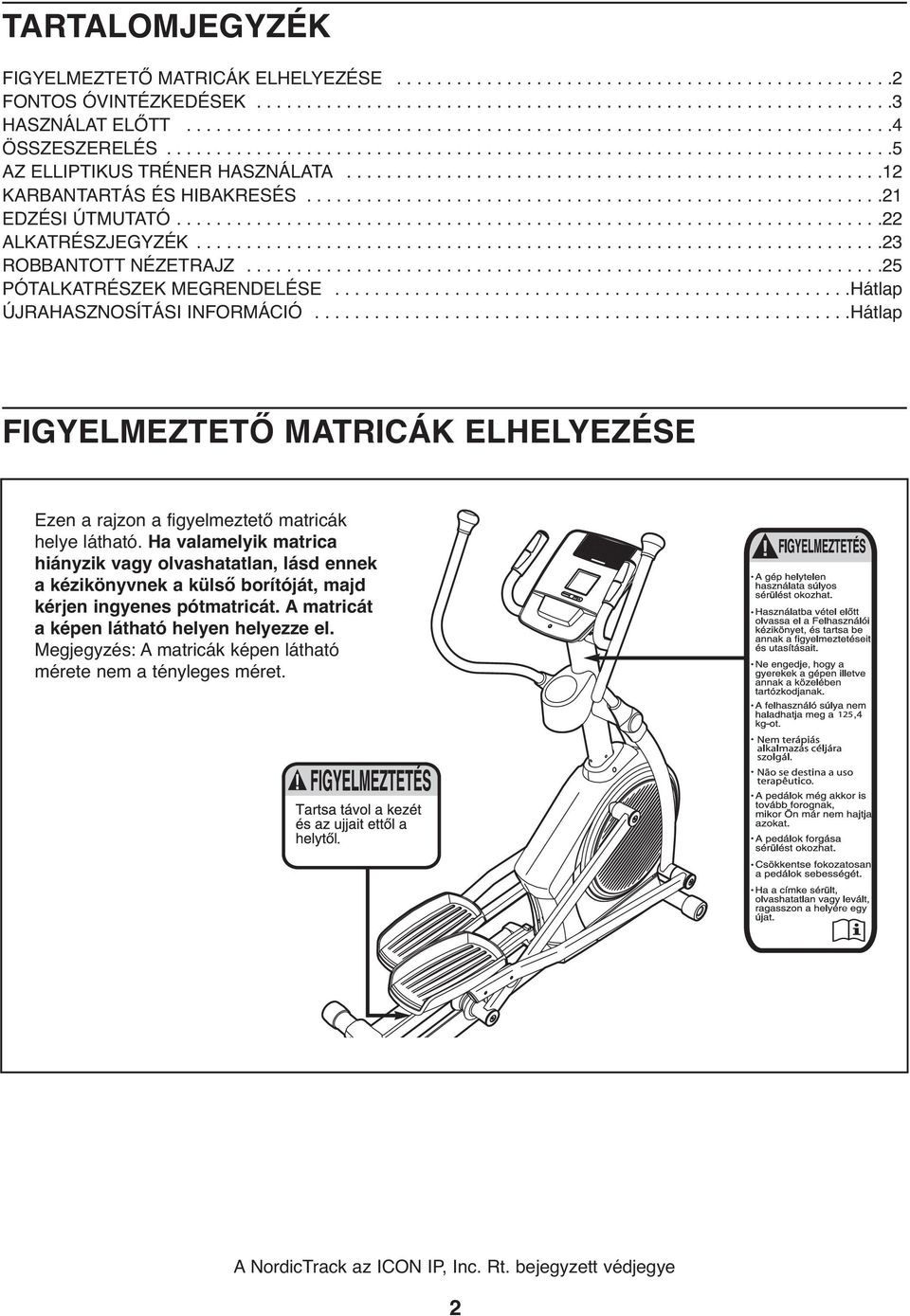 .....................................................12 KARBANTARTÁS ÉS HIBAKRESÉS..........................................................21 EDZÉSI ÚTMUTATÓ.......................................................................22 ALKATRÉSZJEGYZÉK.