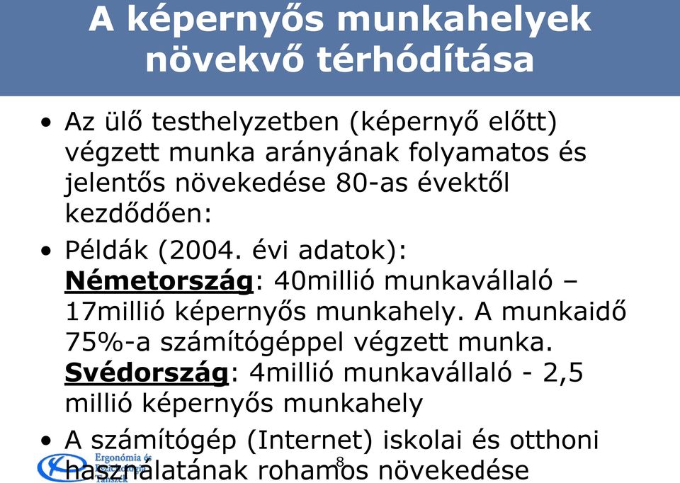 évi adatok): Németország: 40millió munkavállaló 17millió képernyős munkahely.