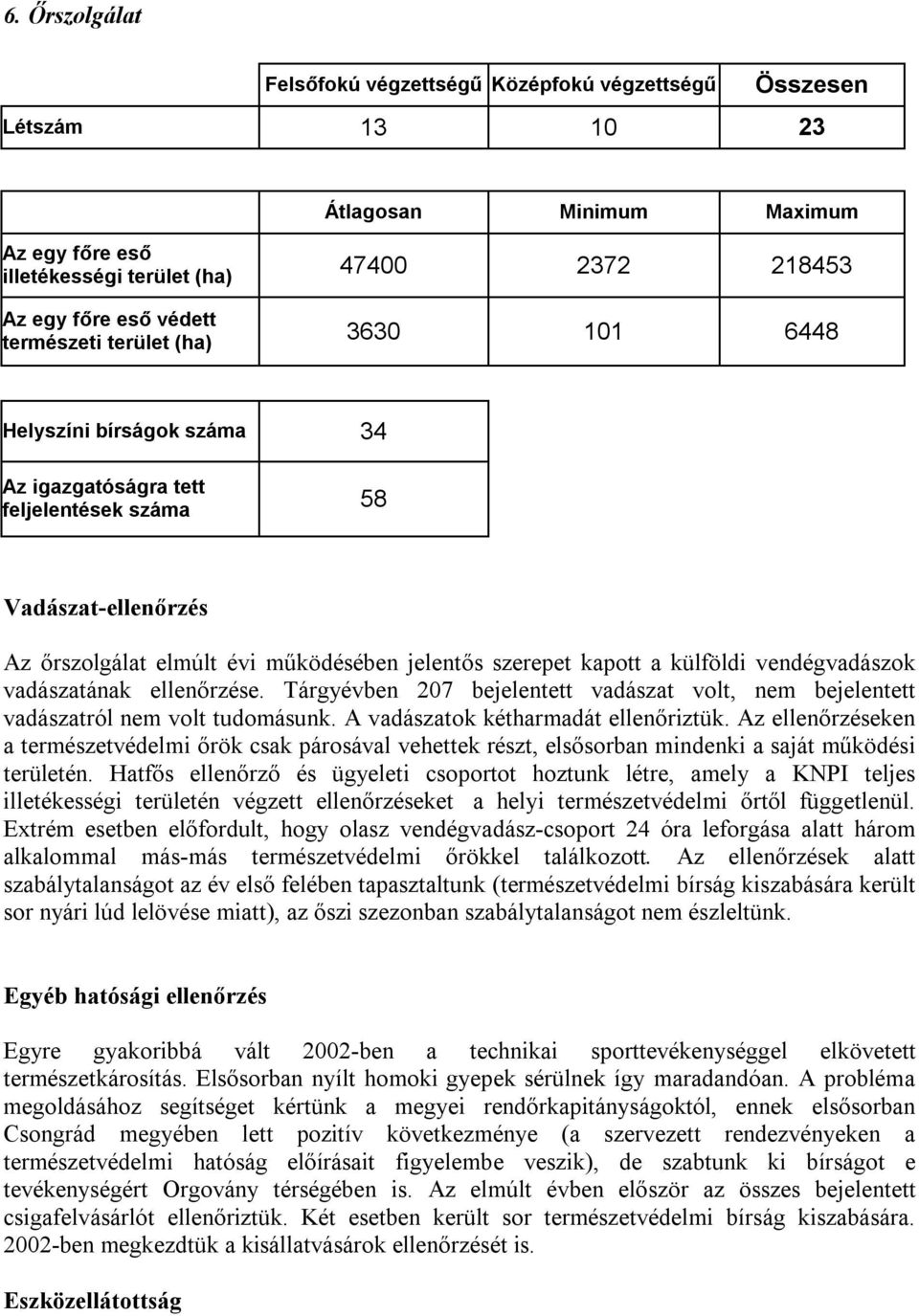 külföldi vendégvadászok vadászatának ellenőrzése. Tárgyévben 207 bejelentett vadászat volt, nem bejelentett vadászatról nem volt tudomásunk. A vadászatok kétharmadát ellenőriztük.