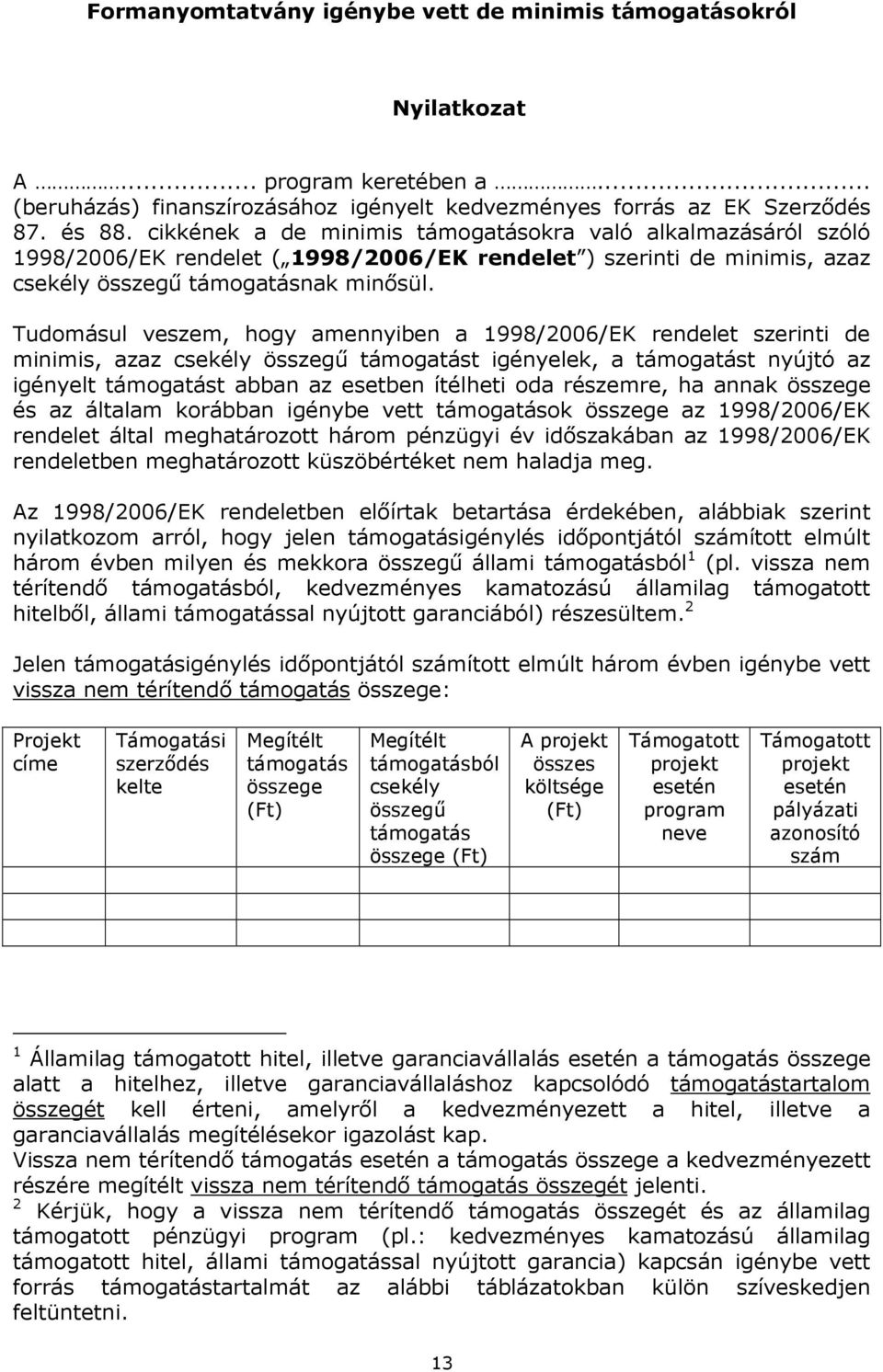 Tudomásul veszem, hogy amennyiben a 1998/2006/EK rendelet szerinti de minimis, azaz csekély összegű támogatást igényelek, a támogatást nyújtó az igényelt támogatást abban az esetben ítélheti oda