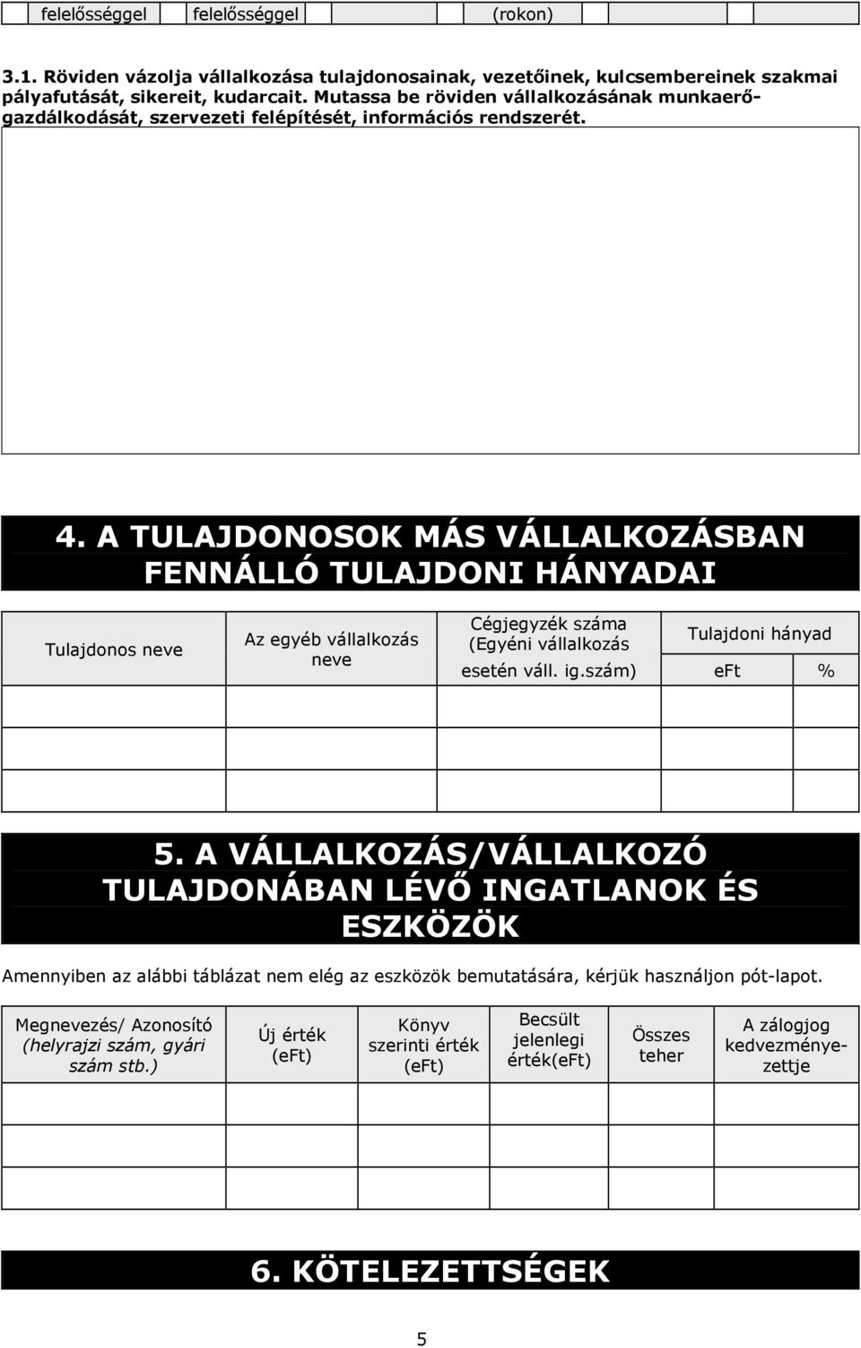 A TULAJDONOSOK MÁS VÁLLALKOZÁSBAN FENNÁLLÓ TULAJDONI HÁNYADAI Tulajdonos neve Az egyéb vállalkozás neve Cégjegyzék száma (Egyéni vállalkozás Tulajdoni hányad esetén váll. ig.szám) eft % 5.