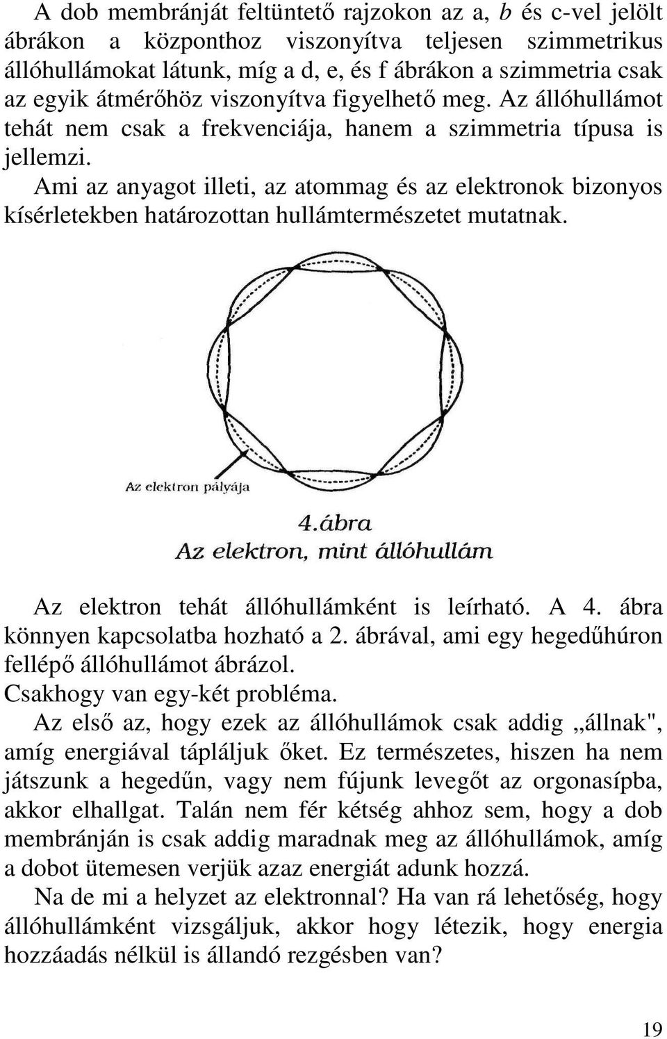 Ami az anyagot illeti, az atommag és az elektronok bizonyos kísérletekben határozottan hullámtermészetet mutatnak. Az elektron tehát állóhullámként is leírható. A 4.