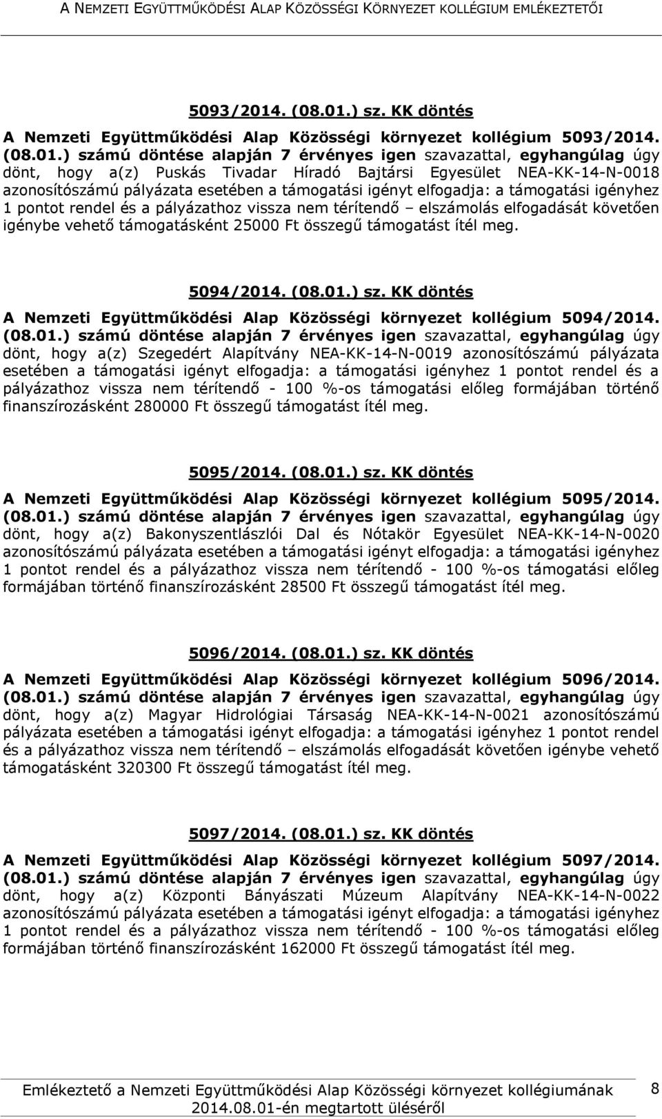 összegű támogatást ítél meg. 5094/2014. (08.01.) sz. KK döntés A Nemzeti Együttműködési Alap Közösségi környezet kollégium 5094/2014.