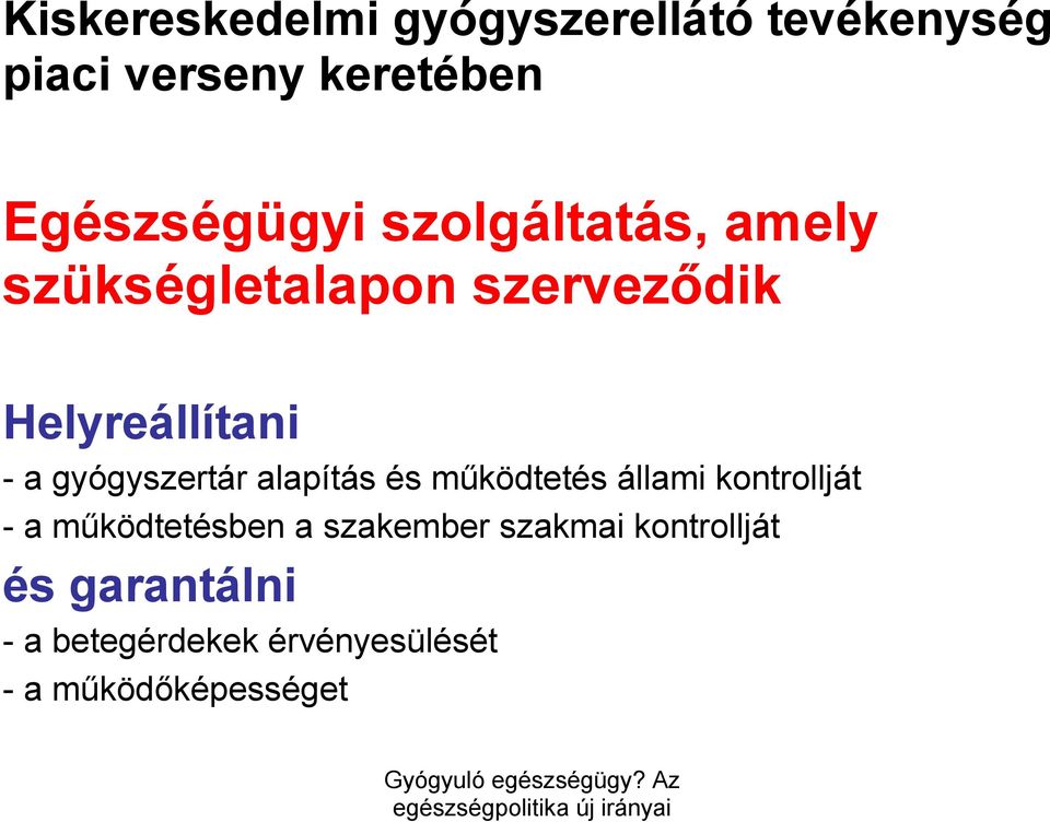 a gyógyszertár alapítás és működtetés állami kontrollját - a működtetésben a