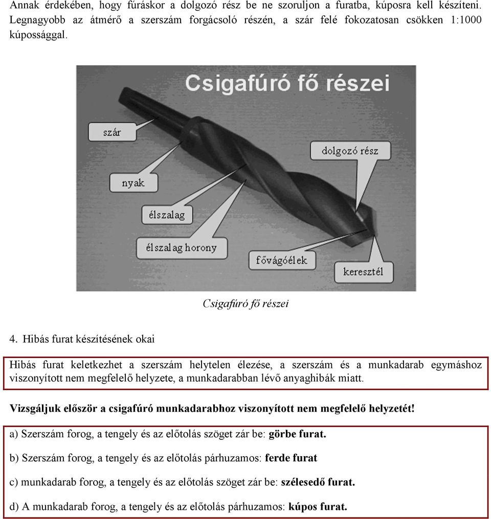 Hibás furat készítésének okai Hibás furat keletkezhet a szerszám helytelen élezése, a szerszám és a munkadarab egymáshoz viszonyított nem megfelelő helyzete, a munkadarabban lévő anyaghibák miatt.