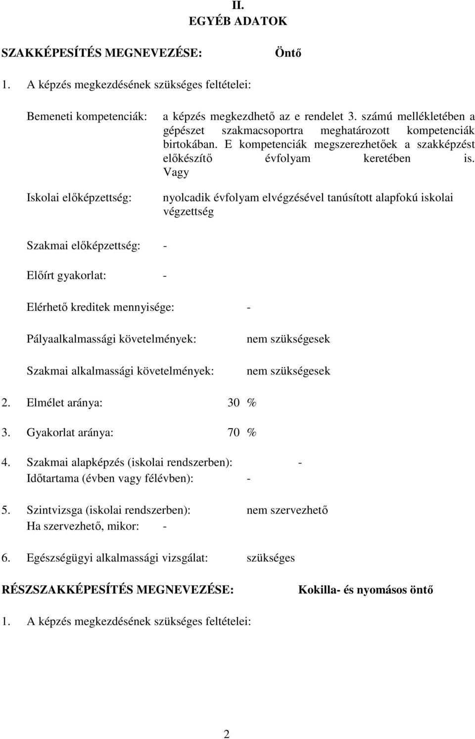 Vagy nyolcadik évfolyam elvégzésével tanúsított alapfokú iskolai végzettség Szakmai előképzettség: - Előírt gyakorlat: - Elérhető kreditek mennyisége: - Pályaalkalmassági követelmények: Szakmai