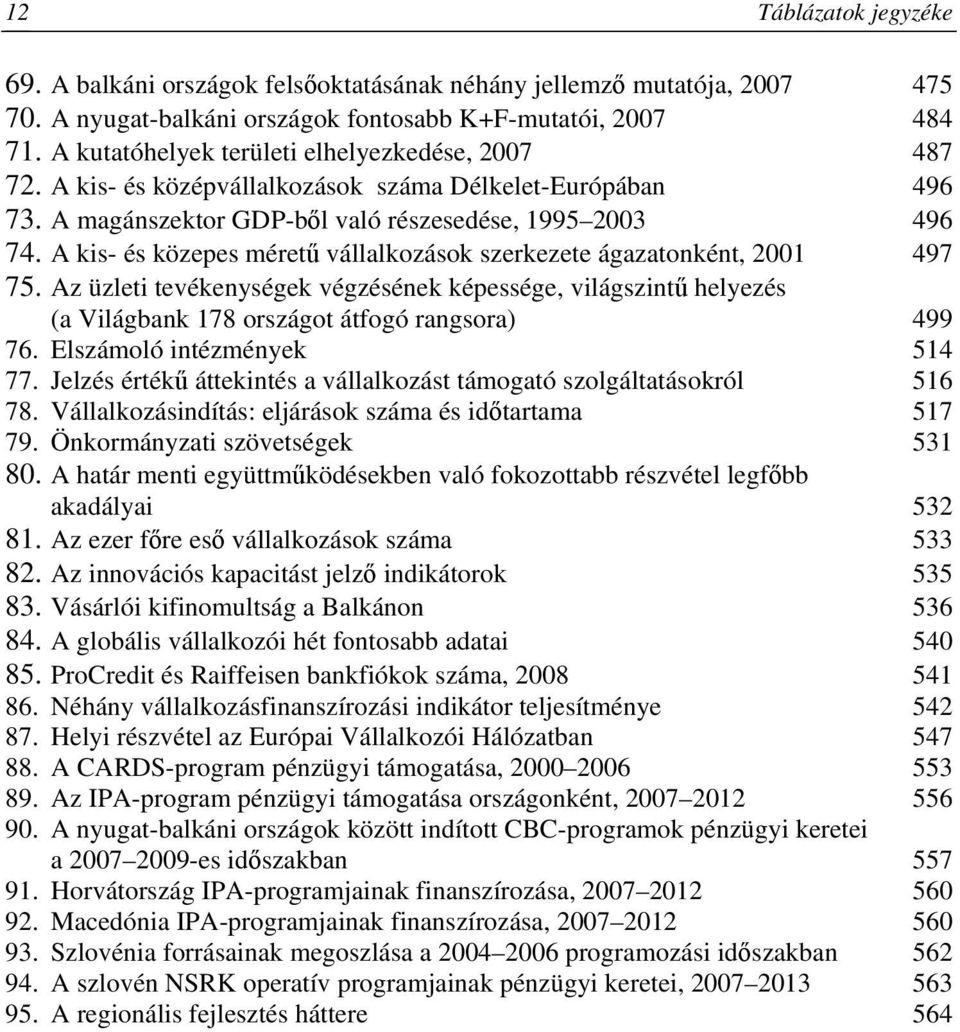 A kis- és közepes méret vállalkozások szerkezete ágazatonként, 2001 497 75. Az üzleti tevékenységek végzésének képessége, világszint helyezés (a Világbank 178 országot átfogó rangsora) 499 76.