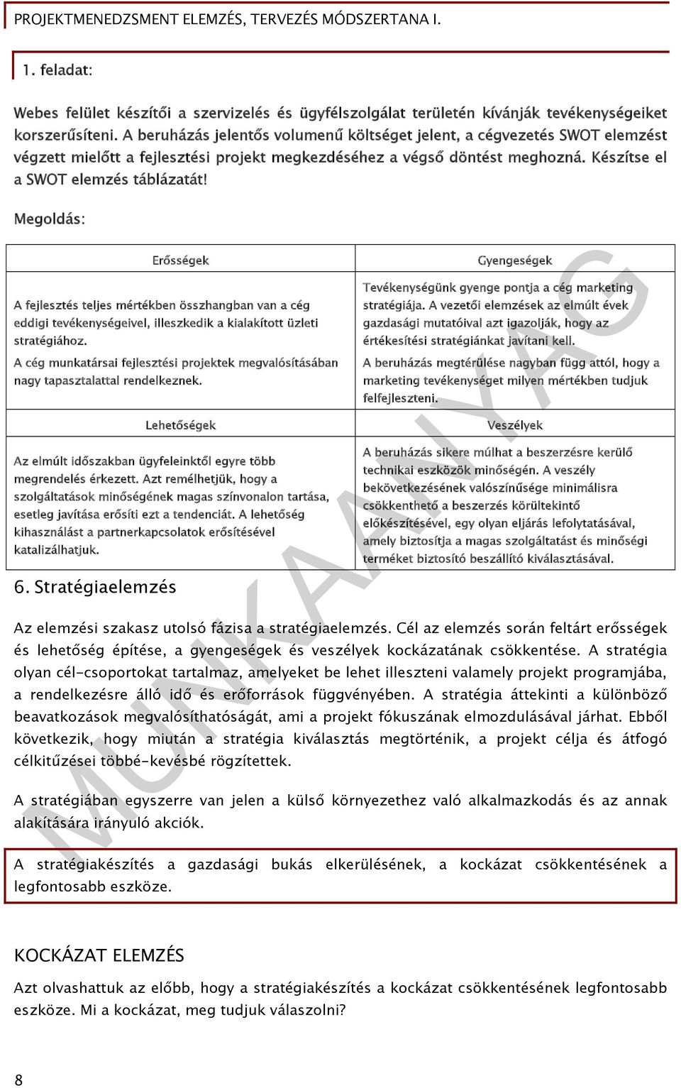 Megoldás: Erősségek A fejlesztés teljes mértékben összhangban van a cég eddigi tevékenységeivel, illeszkedik a kialakított üzleti stratégiához.