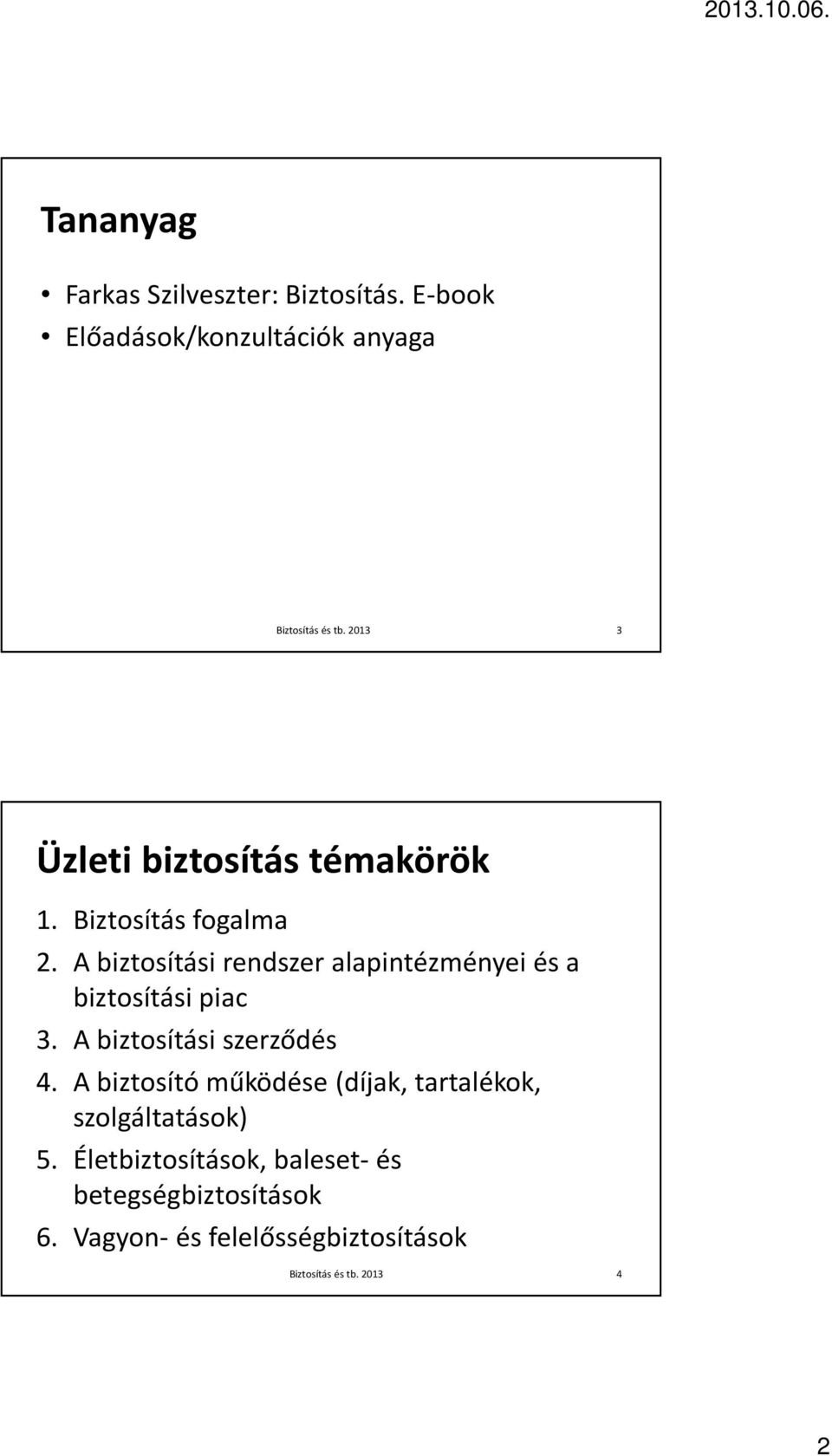 A biztosítási rendszer alapintézményei és a biztosítási piac 3. A biztosítási szerződés 4.