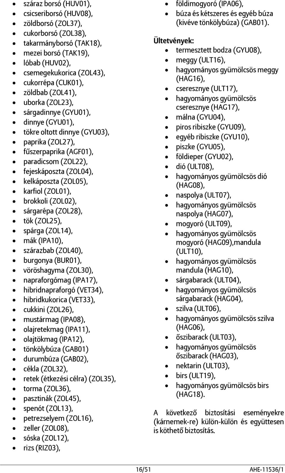 karfiol (ZOL01), brokkoli (ZOL02), sárgarépa (ZOL28), tök (ZOL25), spárga (ZOL14), mák (IPA10), szárazbab (ZOL40), burgonya (BUR01), vöröshagyma (ZOL30), napraforgómag (IPA17), hibridnapraforgó