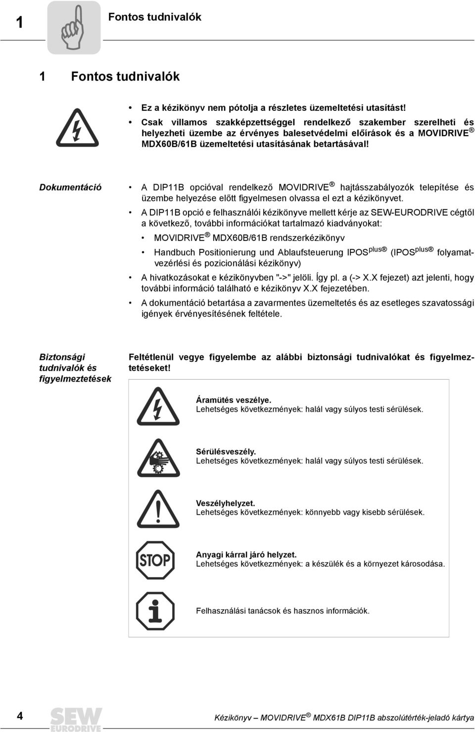 Dokumentáció A DIP11B opcióval rendelkező MOVIDRIVE hajtásszabályozók telepítése és üzembe helyezése előtt figyelmesen olvassa el ezt a kézikönyvet.