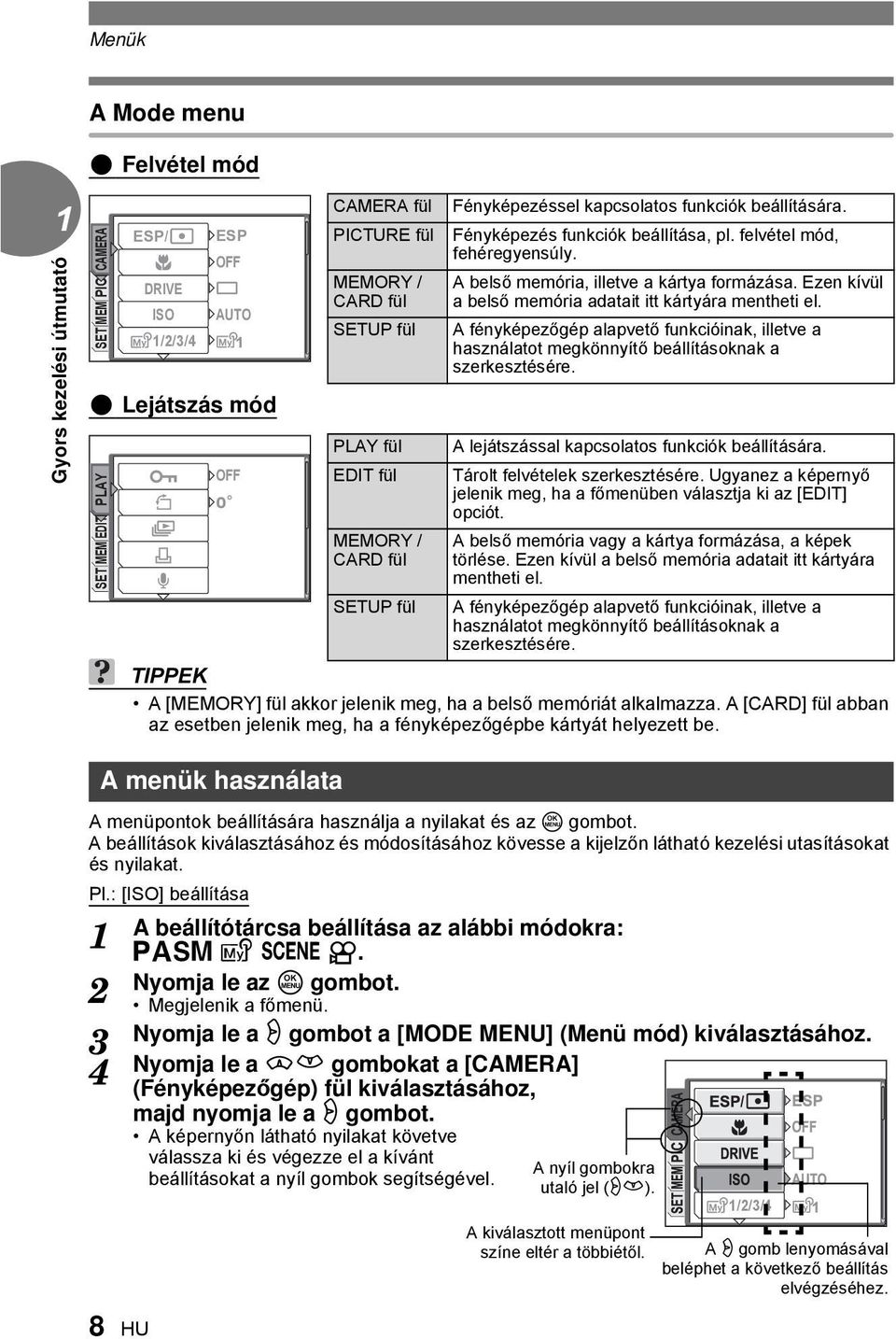 A fényképezőgép alapvető funkcióinak, illetve a használatot megkönnyítő beállításoknak a szerkesztésére.