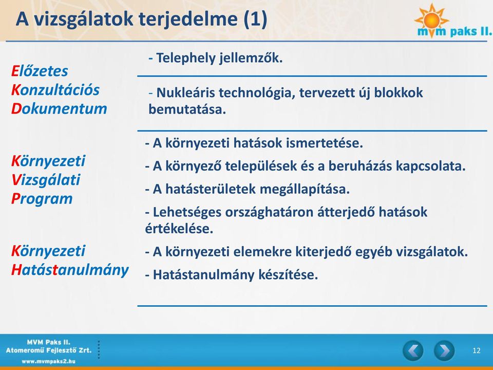 Környezeti Vizsgálati Program Környezeti Hatástanulmány - A környezeti hatások ismertetése.