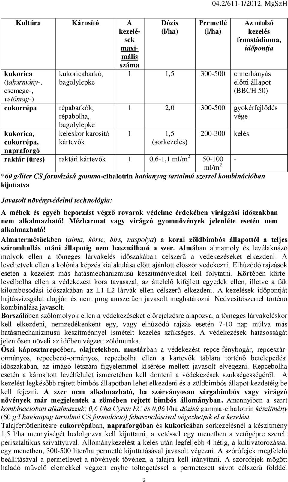 MgSzH Permetlé Az utolsó kezelés fenostádiuma, időpontja 1 1,5 300-500 címerhányás előtti állapot (BBCH 50) 1 2,0 300-500 gyökérfejlődés vége 1 1,5 (sorkezelés) 200-300 kelés raktár (üres) raktári