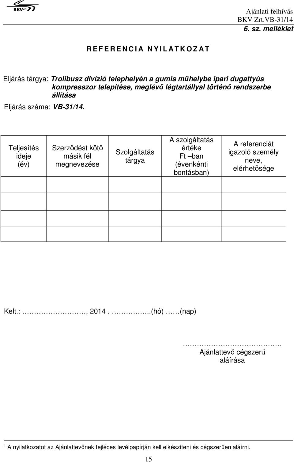 telepítése, meglévő légtartállyal történő rendszerbe állítása Eljárás száma: VB-31/14.