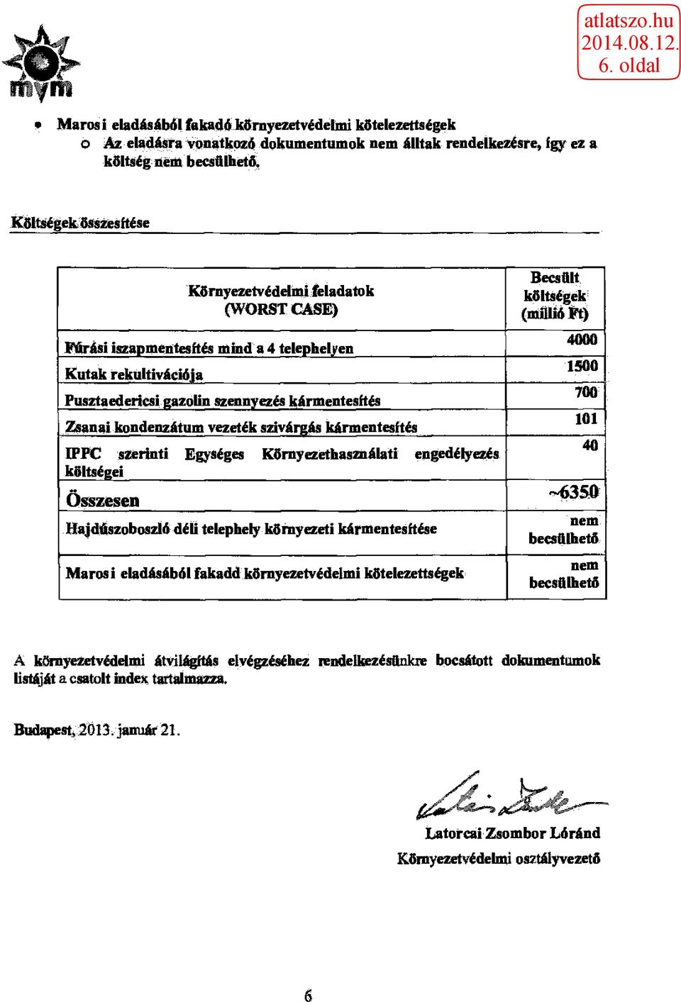 vezeték szivárgás kármentesítés IPPC szerinti Egységes Környezethasználati engedélyezés kéltségei * Összesen Hajdúszoboszló déli telephely környezeti kármentesítése Marosi eladásából fakadd