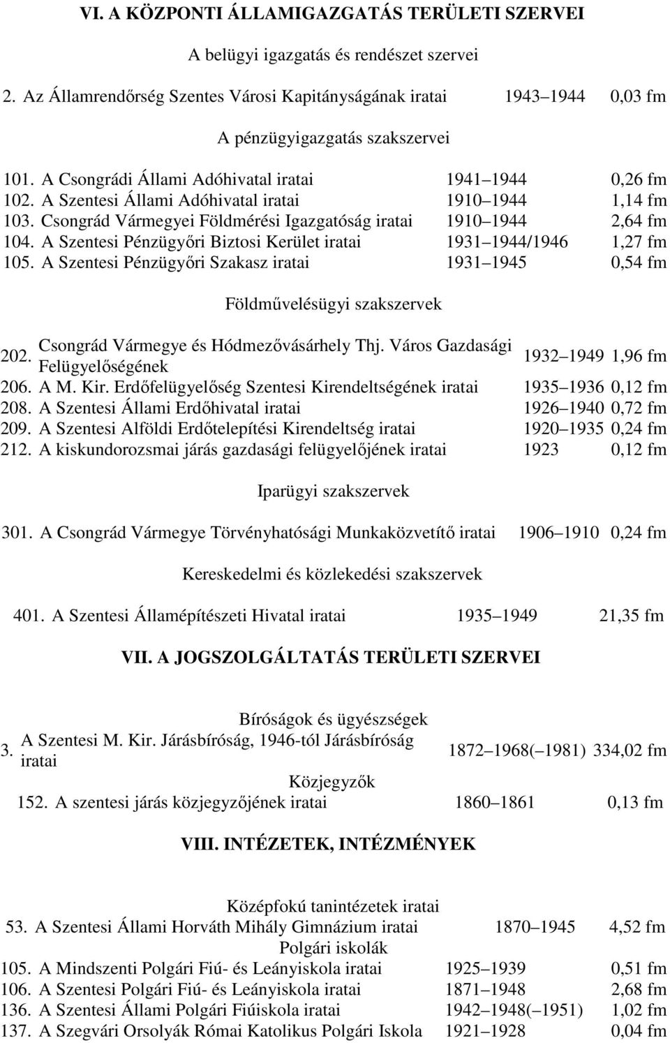 A Szentesi Pénzügyıri Biztosi Kerület 1931 1944/1946 1,27 fm 105. A Szentesi Pénzügyıri Szakasz 1931 1945 0,54 fm Földmővelésügyi szakszervek Csongrád Vármegye és Hódmezıvásárhely Thj.