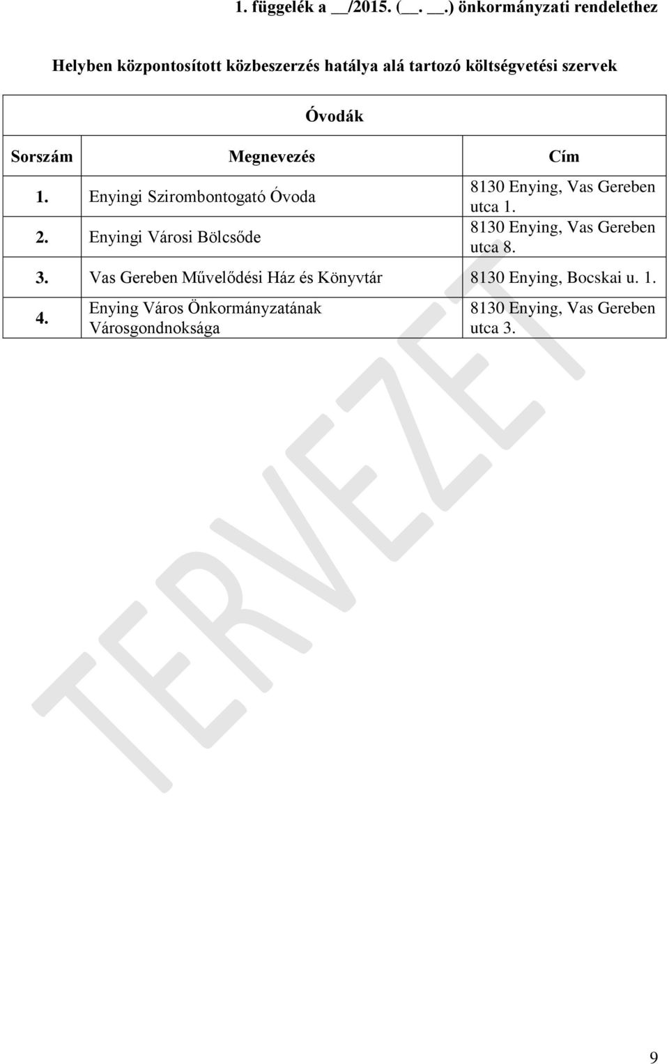 Óvodák Sorszám Megnevezés Cím 1. Enyingi Szirombontogató Óvoda 2.