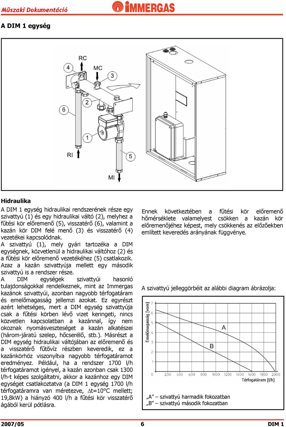 A szivattyú (1), mely gyári tartozéka a DIM egységnek, közvetlenül a hidraulikai váltóhoz (2) és a fűtési kör előremenő vezetékéhez (5) csatlakozik.