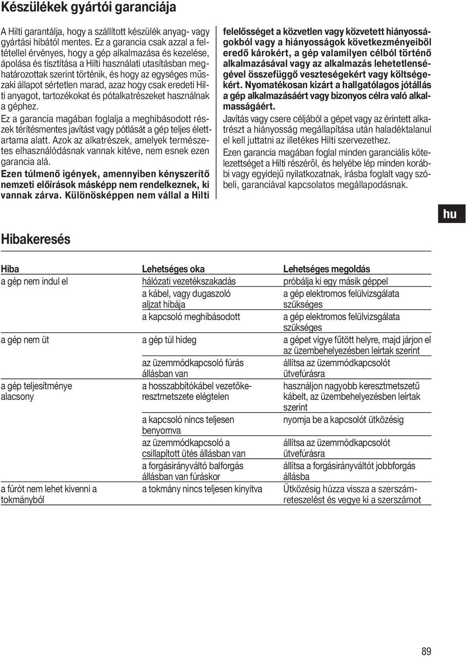 műszaki állapot sértetlen marad, azaz hogy csak eredeti Hilti anyagot, tartozékokat és pótalkatrészeket használnak a géphez.