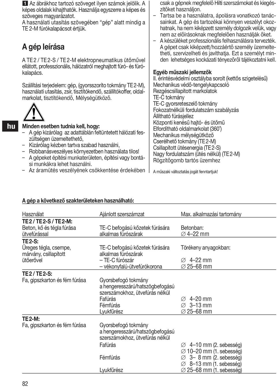 A gép leírása A TE / TE -S / TE -M elektropneumatikus ütőművel ellátott, professzionális, hálózatról meghajtott fúró- és fúrókalapács.