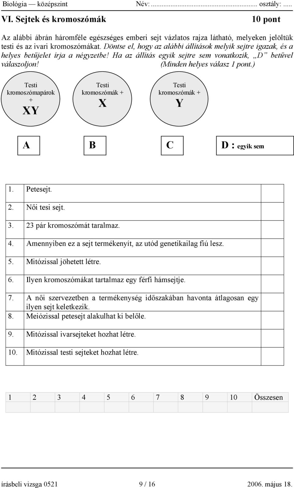 ) Testi kromoszómapárok + XY Testi kromoszómák + X Testi kromoszómák + Y A B C D : egyik sem 1. Petesejt. 2. Női tesi sejt. 3. 23 pár kromoszómát taralmaz. 4.