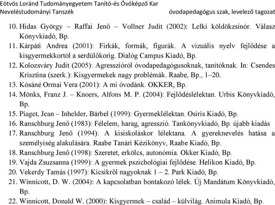 ): Kisgyermekek nagy problémák. Raabe, Bp., 1 20. 13. Kósáné Ormai Vera (2001): A mi óvodánk. OKKER, Bp. 14. Mönks, Franz J. Knoers, Alfons M. P. (2004): Fejlődéslélektan. Urbis Könyvkiadó, Bp. 15.