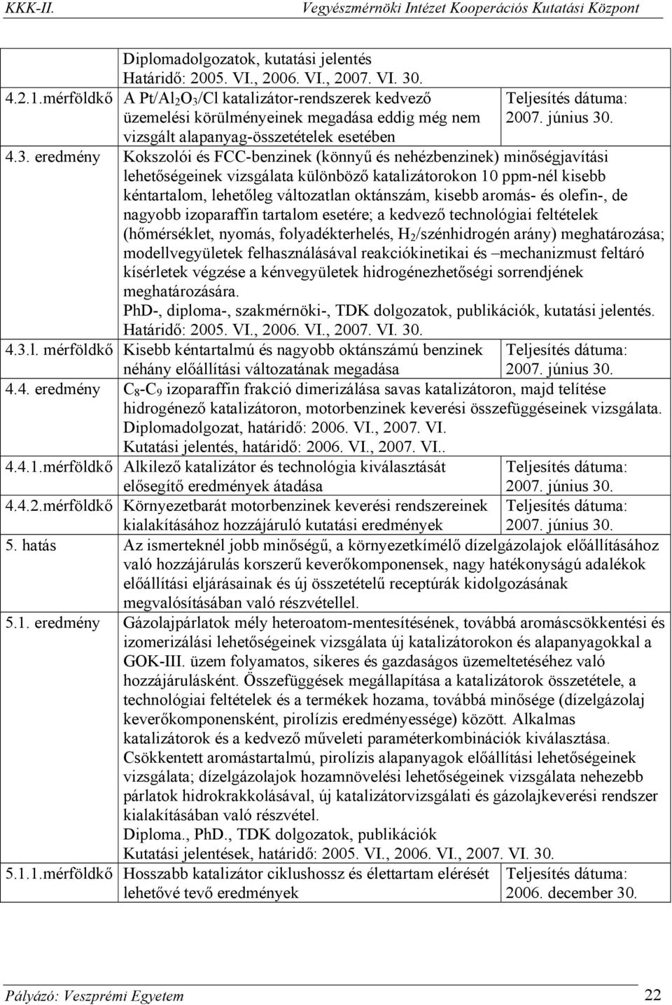 /Cl katalizátor-rendszerek kedvező üzemelési körülményeinek megadása eddig még nem vizsgált alapanyag-összetételek esetében 2007. június 30