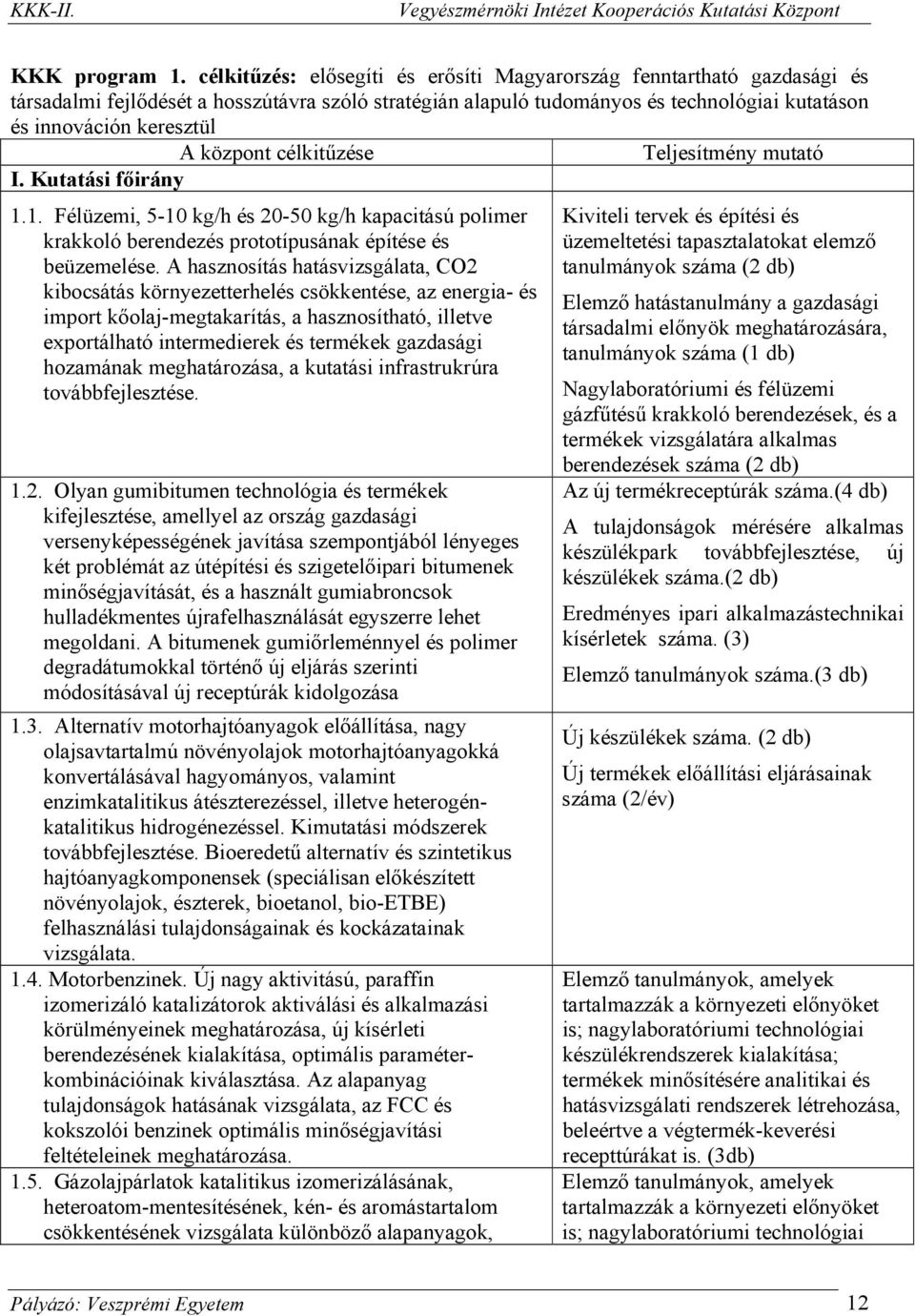 központ célkitűzése Teljesítmény mutató I. Kutatási főirány 1.1. Félüzemi, 5-10 kg/h és 20-50 kg/h kapacitású polimer krakkoló berendezés prototípusának építése és beüzemelése.