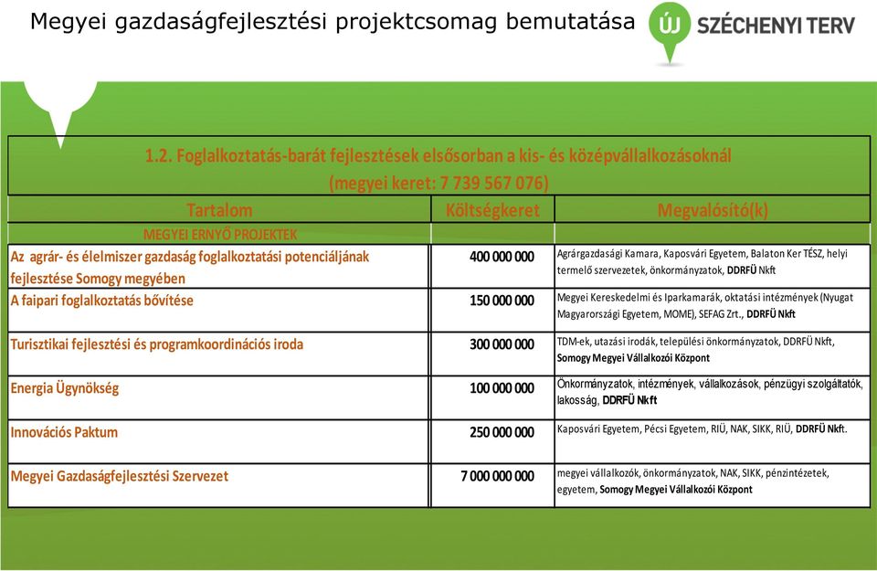 gazdaság foglalkoztatási potenciáljának fejlesztése Somogy megyében A faipari foglalkoztatás bővítése Turisztikai fejlesztési és programkoordinációs iroda Energia Ügynökség Innovációs Paktum Megyei