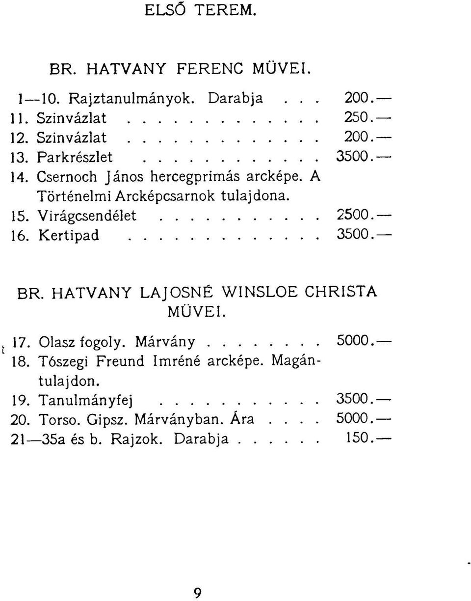 16. Kertipad 3500. BR. HATVANY LAJOSNÉ WINSLOE CHRISTA MÜVEI. 17. Olasz fogoly. Márvány 5000. 18.