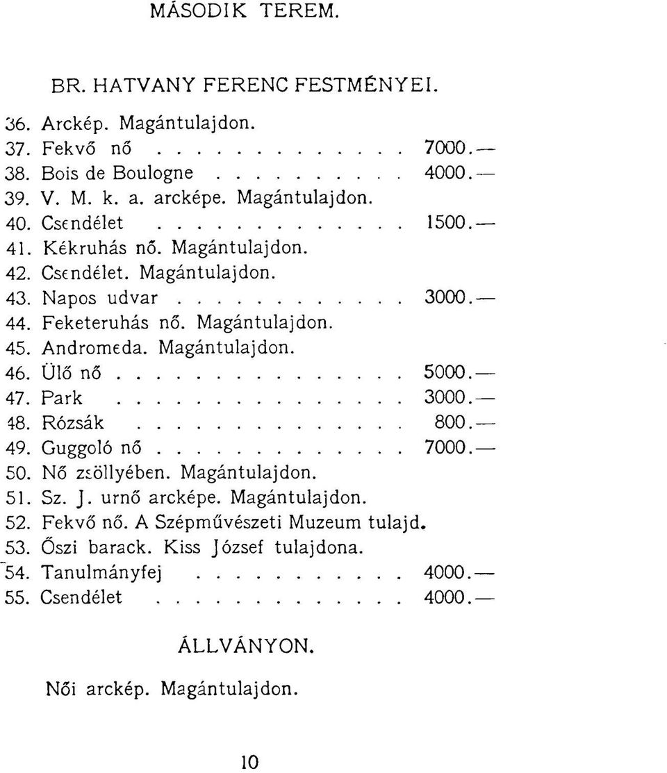 Ülő nő 5000. 47. Park 3000. 48. Rózsák 800. 49. Guggoló nő 7000. 50. Nő zsöllyében. Magántulajdon. 51. Sz. J. urnő arcképe. Magántulajdon. 52. Fekvő nő.