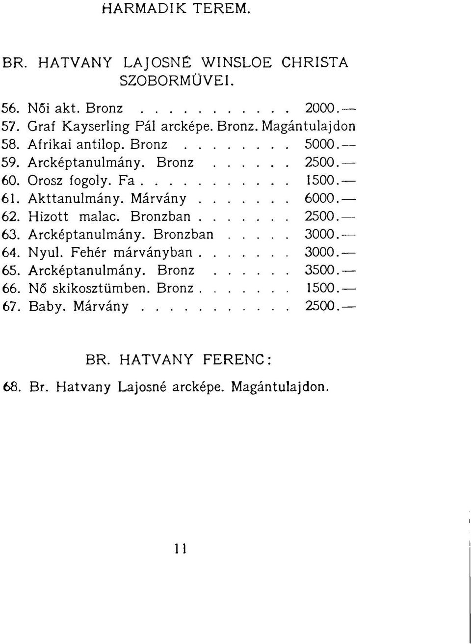 Hizott malac. Bronzban 2500. 63. Arcképtanulmány. Bronzban 3000. 64. Nyul. Fehér márványban 3000. 65. Arcképtanulmány. Bronz 3500.