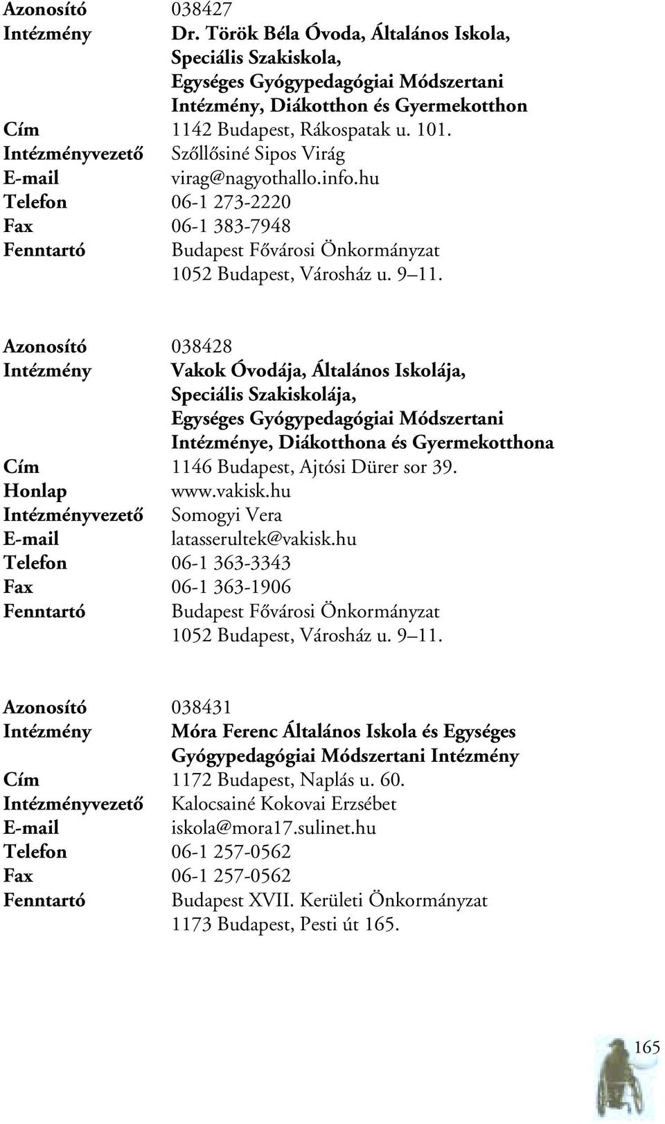 Azonosító 038428 Intézmény Vakok Óvodája, Általános Iskolája, Speciális Szakiskolája, Egységes Gyógypedagógiai Módszertani Intézménye, Diákotthona és Gyermekotthona Cím 1146 Budapest, Ajtósi Dürer