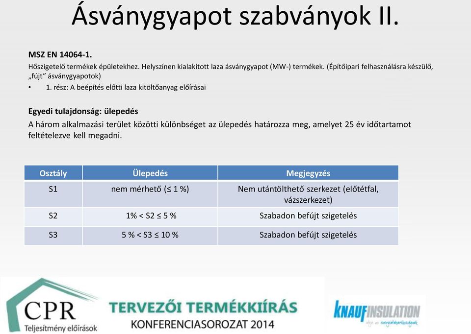 rész: A beépítés előtti laza kitöltőanyag előírásai Egyedi tulajdonság: ülepedés A három alkalmazási terület közötti különbséget az ülepedés