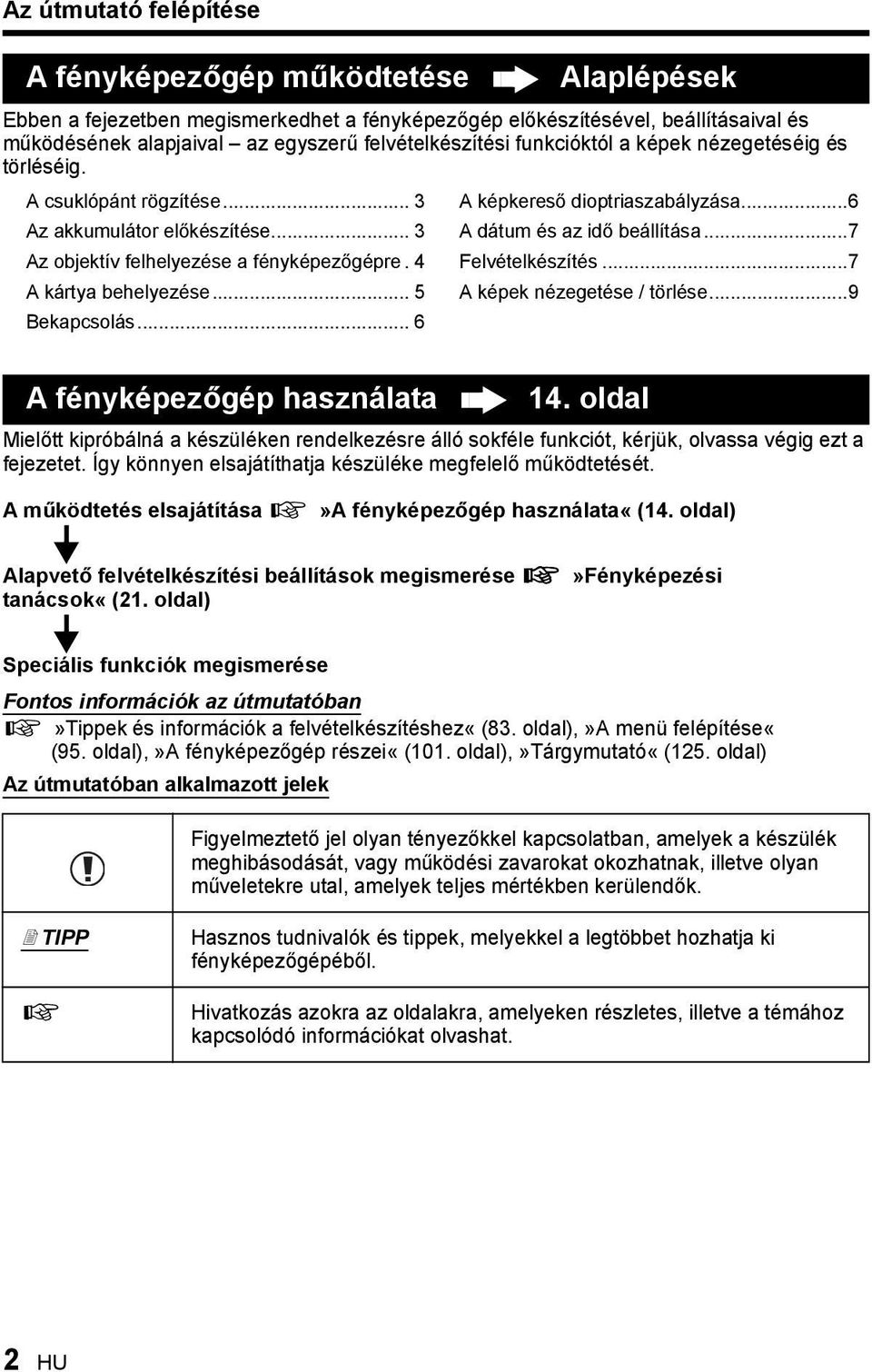 ..7 Az objektív felhelyezése a fényképezőgépre. 4 Felvételkészítés...7 A kártya behelyezése... 5 A képek nézegetése / törlése...9 Bekapcsolás... 6 A fényképezőgép használata 14.