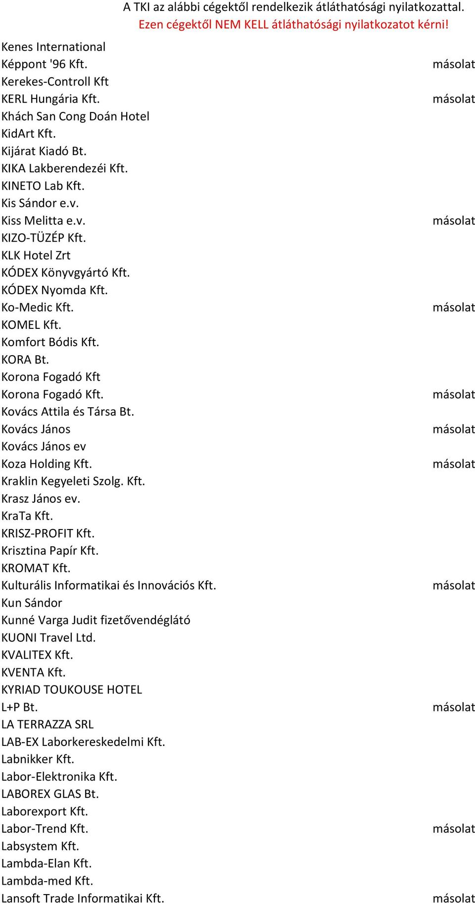 Kovács Attila és Társa Bt. Kovács János Kovács János ev Koza Holding Kft. Kraklin Kegyeleti Szolg. Kft. Krasz János ev. KraTa Kft. KRISZ-PROFIT Kft. Krisztina Papír Kft. KROMAT Kft.