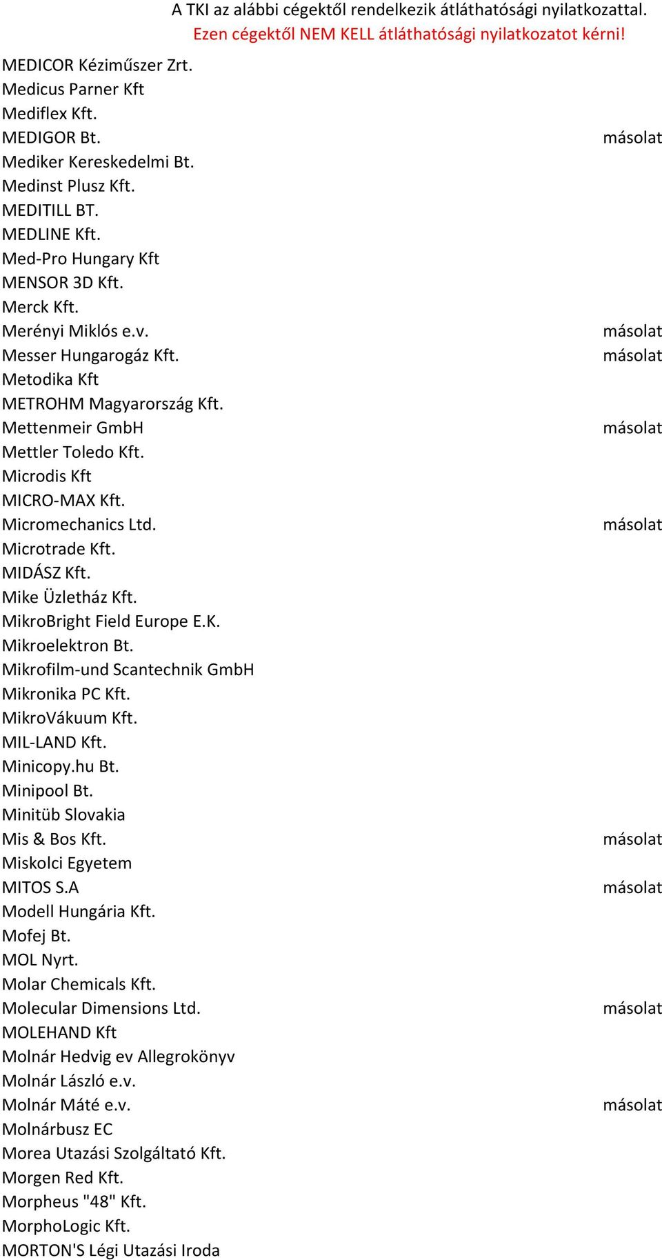 Mike Üzletház Kft. MikroBright Field Europe E.K. Mikroelektron Bt. Mikrofilm-und Scantechnik GmbH Mikronika PC Kft. MikroVákuum Kft. MIL-LAND Kft. Minicopy.hu Bt. Minipool Bt.