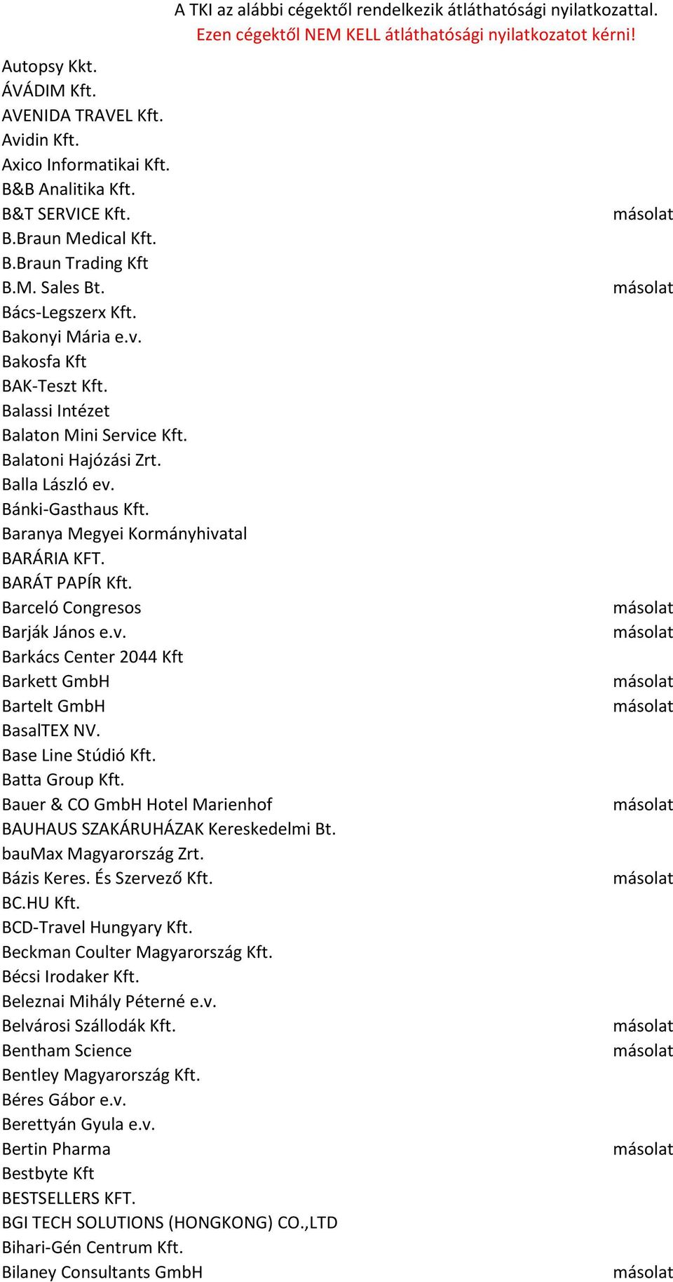 BARÁT PAPÍR Kft. Barceló Congresos Barják János e.v. Barkács Center 2044 Kft Barkett GmbH Bartelt GmbH BasalTEX NV. Base Line Stúdió Kft. Batta Group Kft.