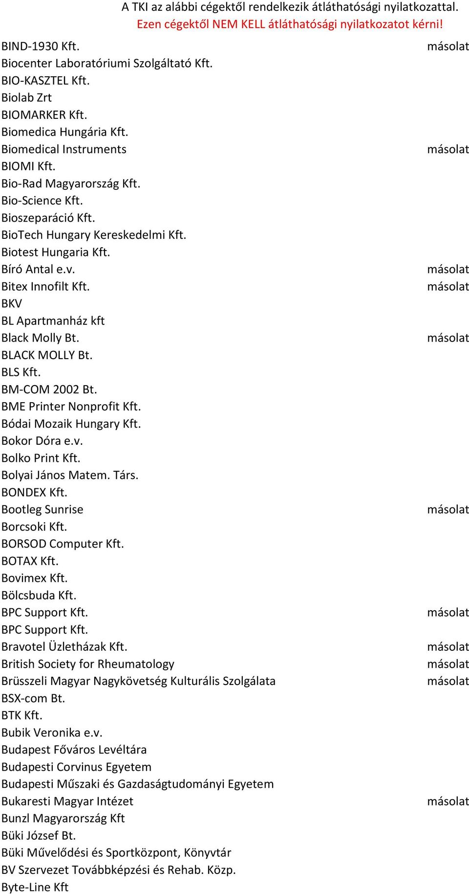 BME Printer Nonprofit Kft. Bódai Mozaik Hungary Kft. Bokor Dóra e.v. Bolko Print Kft. Bolyai János Matem. Társ. BONDEX Kft. Bootleg Sunrise Borcsoki Kft. BORSOD Computer Kft. BOTAX Kft. Bovimex Kft.