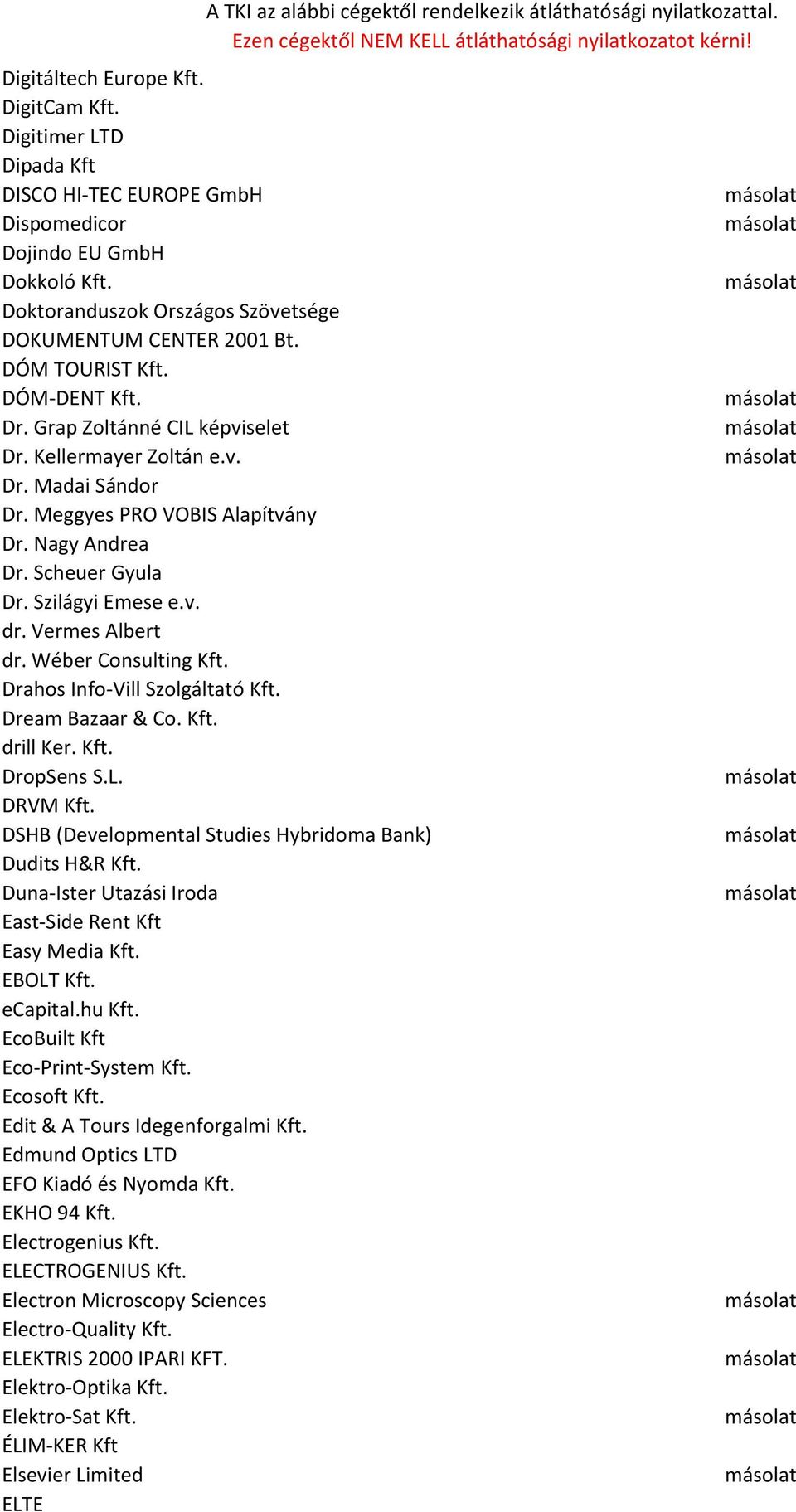 Vermes Albert dr. Wéber Consulting Kft. Drahos Info-Vill Szolgáltató Kft. Dream Bazaar & Co. Kft. drill Ker. Kft. DropSens S.L. DRVM Kft. DSHB (Developmental Studies Hybridoma Bank) Dudits H&R Kft.