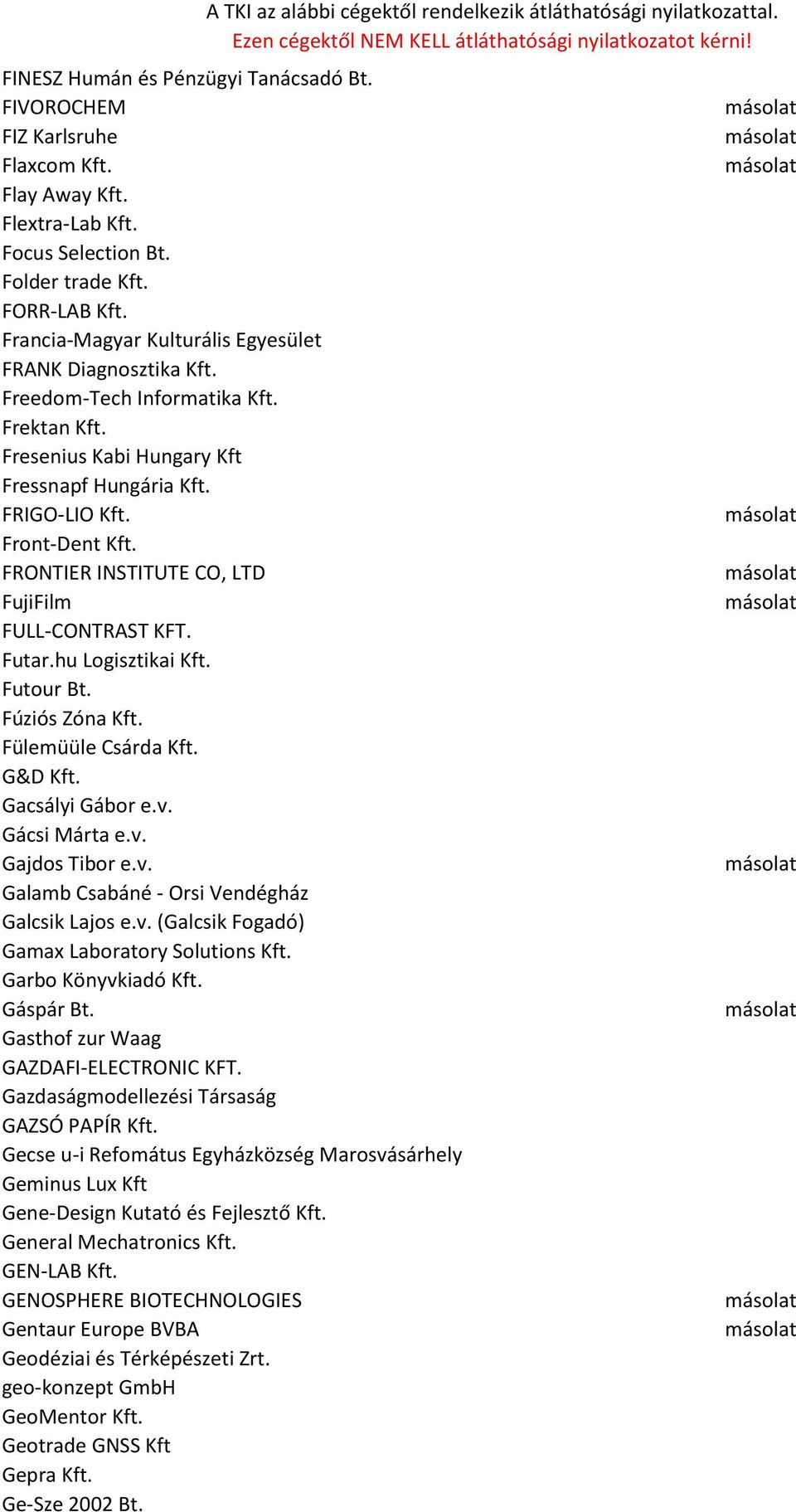 FRONTIER INSTITUTE CO, LTD FujiFilm FULL-CONTRAST KFT. Futar.hu Logisztikai Kft. Futour Bt. Fúziós Zóna Kft. Fülemüüle Csárda Kft. G&D Kft. Gacsályi Gábor e.v.