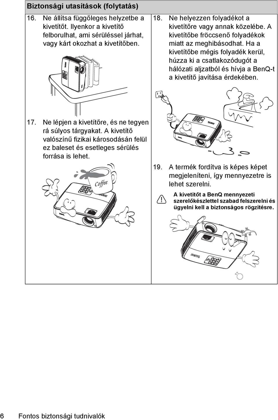 Ha a kivetítőbe mégis folyadék kerül, húzza ki a csatlakozódugót a hálózati aljzatból és hívja a BenQ-t a kivetítő javítása érdekében. 17. Ne lépjen a kivetítőre, és ne tegyen rá súlyos tárgyakat.