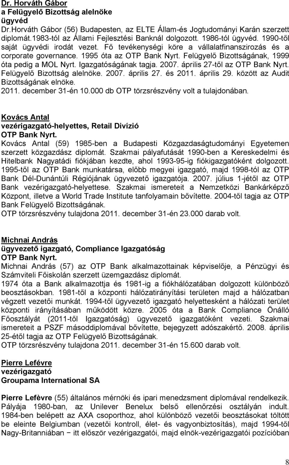 Felügyelő Bizottságának, 1999 óta pedig a MOL Nyrt. Igazgatóságának tagja. 2007. április 27-től az OTP Bank Nyrt. Felügyelő Bizottság alelnöke. 2007. április 27. és 2011. április 29.