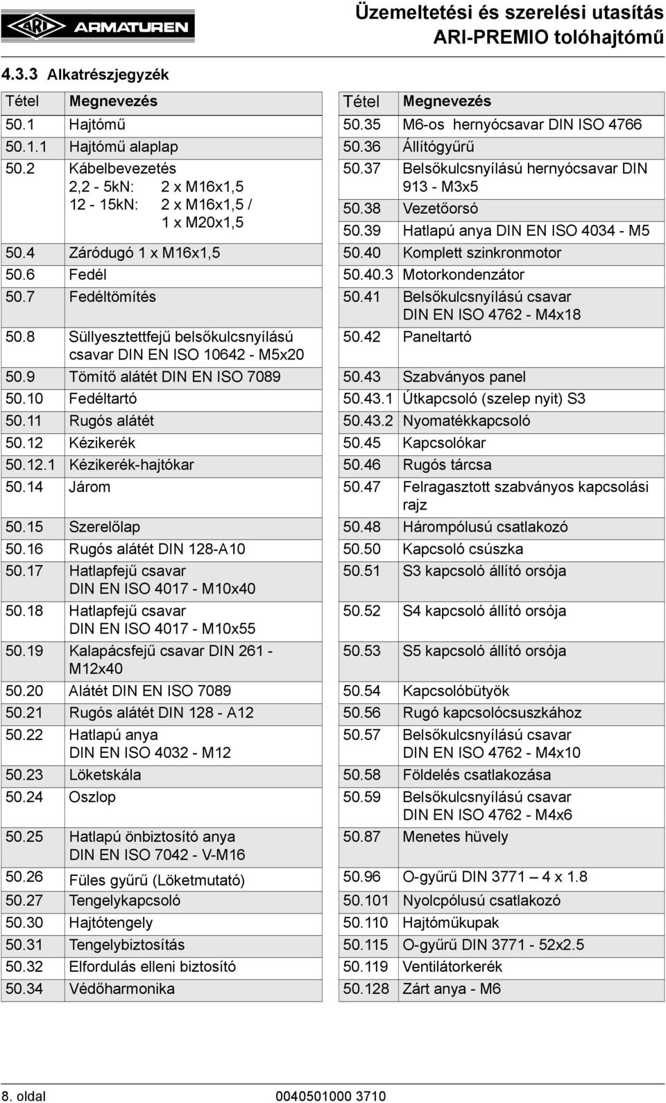 4 Záródugó 1 x M16x1,5 50.40 Komplett szinkronmotor 50.6 Fedél 50.40.3 Motorkondenzátor 50.7 Fedéltömítés 50.41 Belsőkulcsnyílású csavar DIN EN ISO 4762 - M4x18 50.