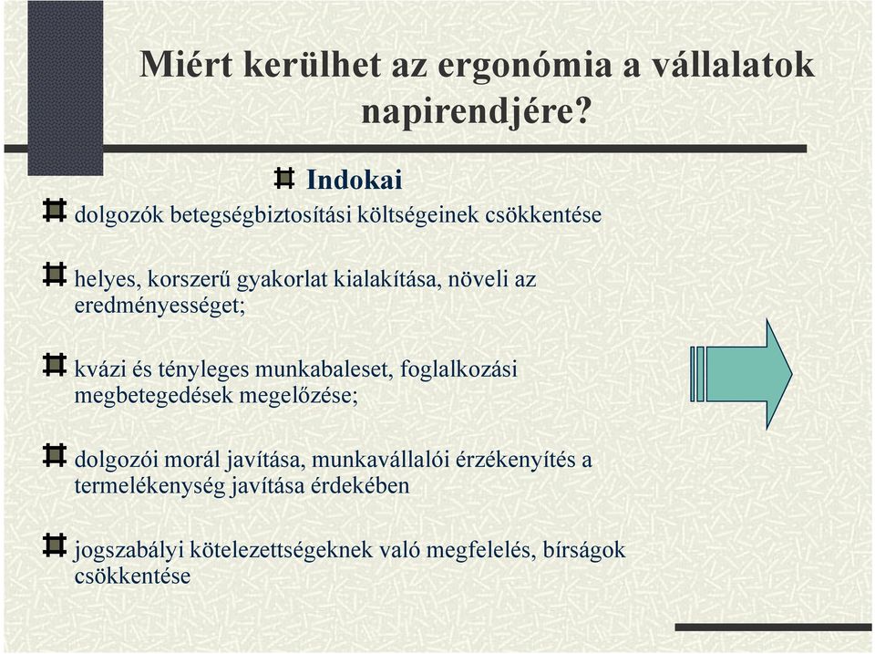 növeli az eredményességet; kvázi és tényleges munkabaleset, foglalkozási megbetegedések megelőzése;