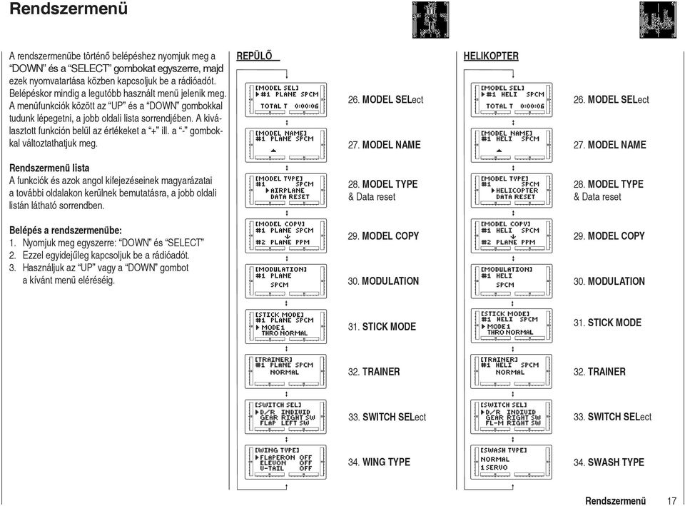 A kiválasztott funkción belül az értékeket a + ill. a - gombokkal változtathatjuk meg. REPÜLŐ 26. MODEL SELect 27.