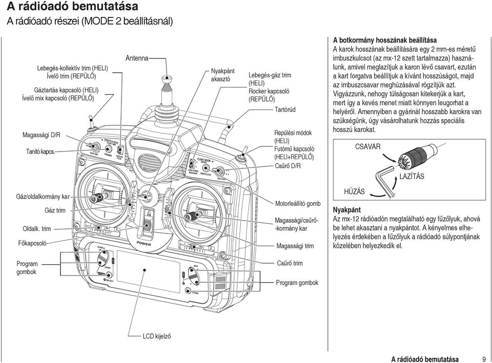 beállítására egy 2 mm-es méretű imbuszkulcsot (az mx-12 szett tartalmazza) használunk, amivel meglazítjuk a karon lévő csavart, ezután a kart forgatva beállítjuk a kívánt hosszúságot, majd az